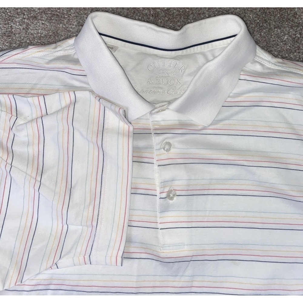 Cutter & Buck White Striped Polo Mens L Mercerized Cotton Signature Collection